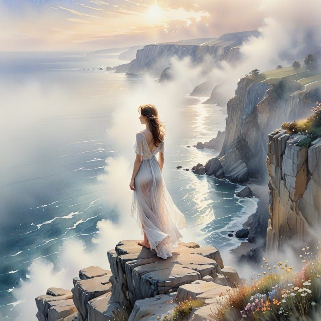 Woman on Cliff Overlooking Foggy Ocean in Ethereal Watercolo...