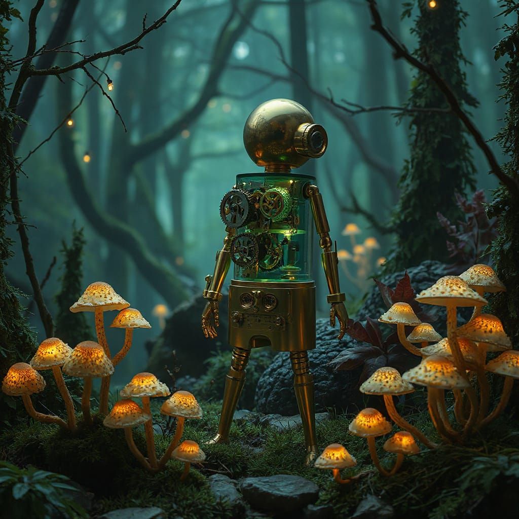 Steampunk Automaton in Lush Bioluminescent Landscape