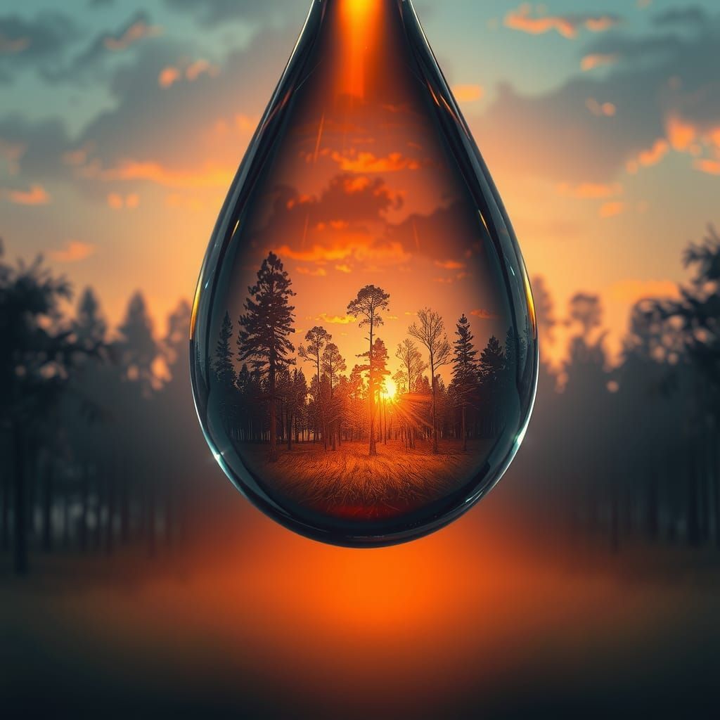 Forest in Teardrop at Sunset, Dreamlike Digital Art