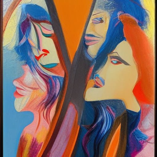 Dramatic Abstract Expressionist Oil Painting with Vibrant Bl...