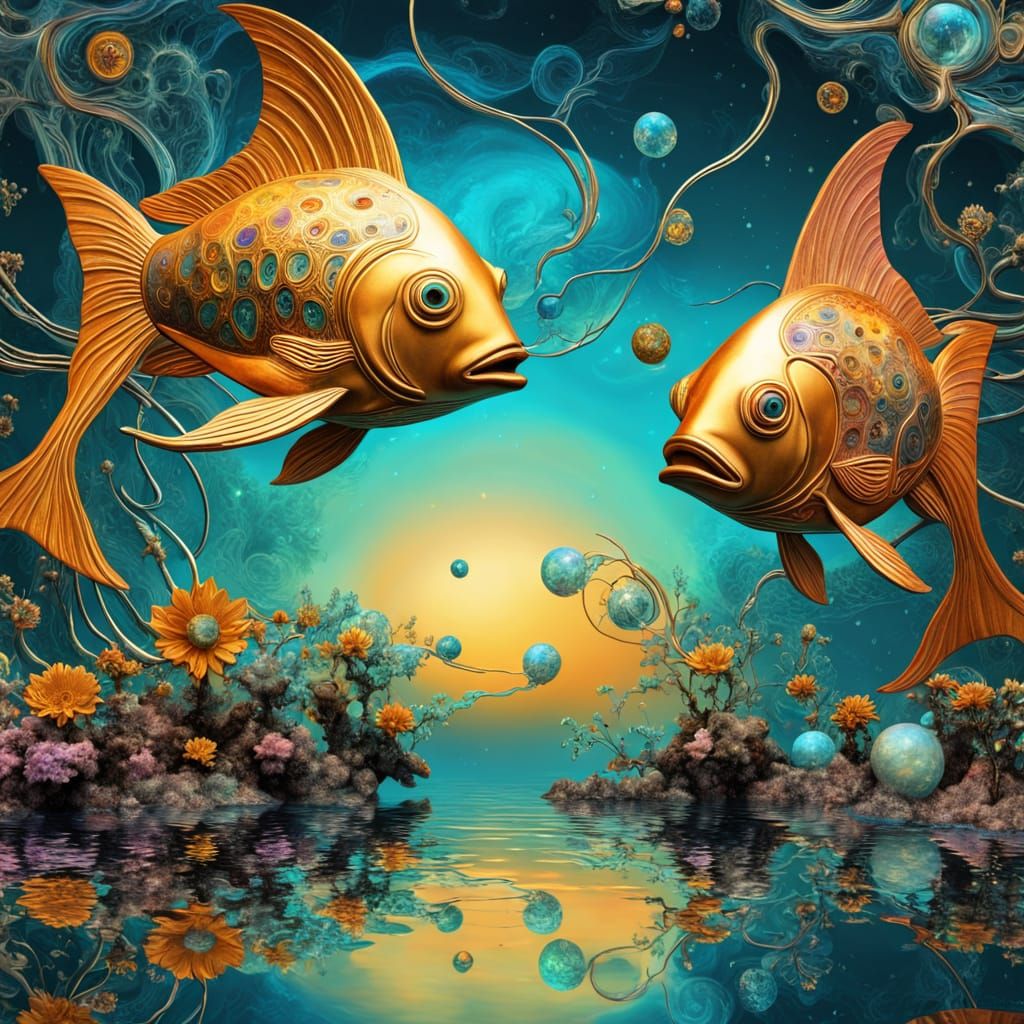 Surreal Dreamscapes: Whimsical Fish Amidst Celestial Designs