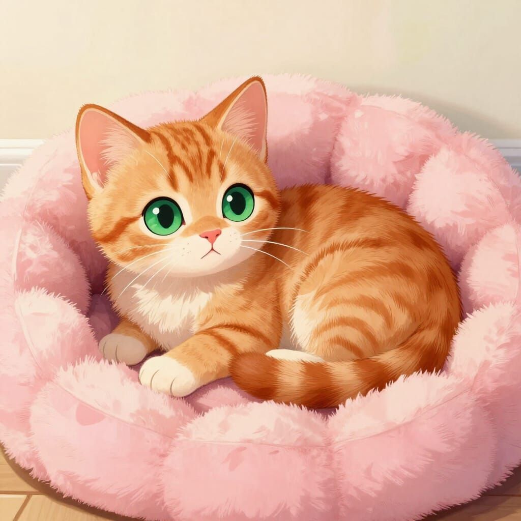 Adorable Ginger Kitten on Plush Pink Cat Bed