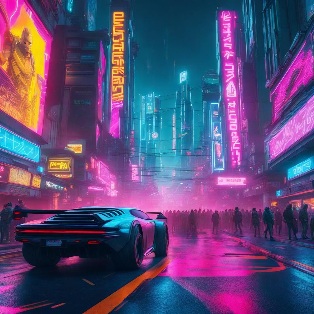 Cyberpunk Cityscape with Flying Cars and Neon