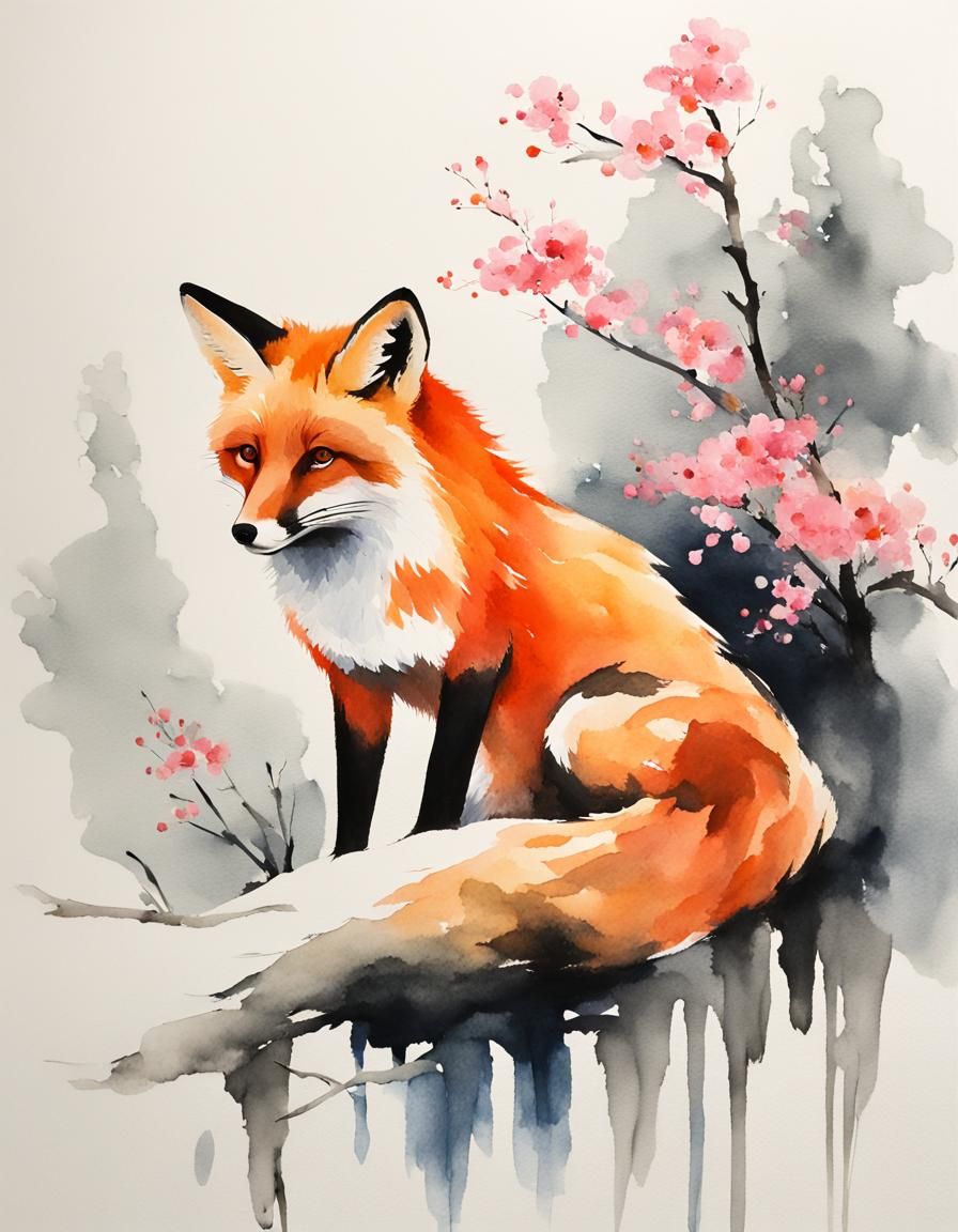 Minimalist Fox in Spring: Chinese Ink Painting
