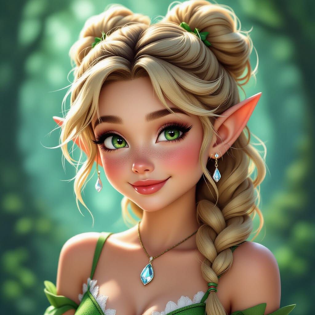 Cheeky Blonde Elf Girl Winking in Fantasy Forest