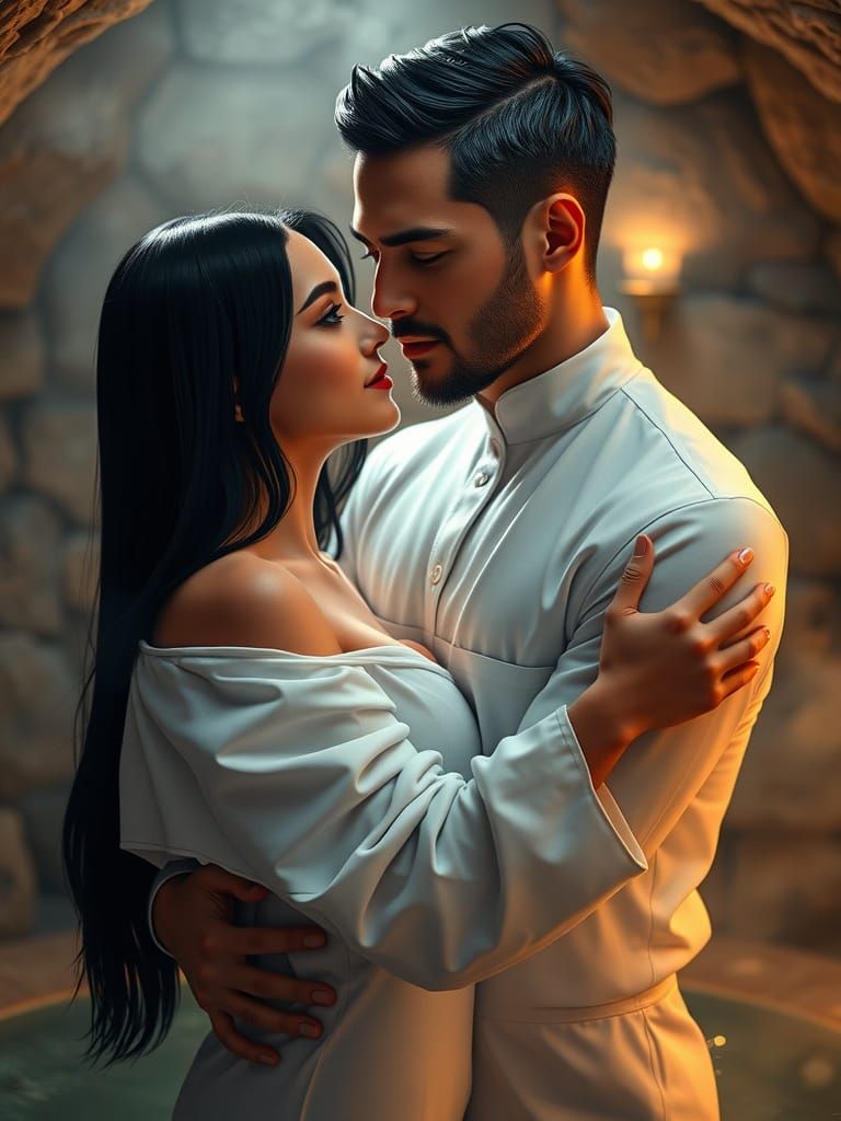 Couple in Intimate Underground Rock Sauna Moment