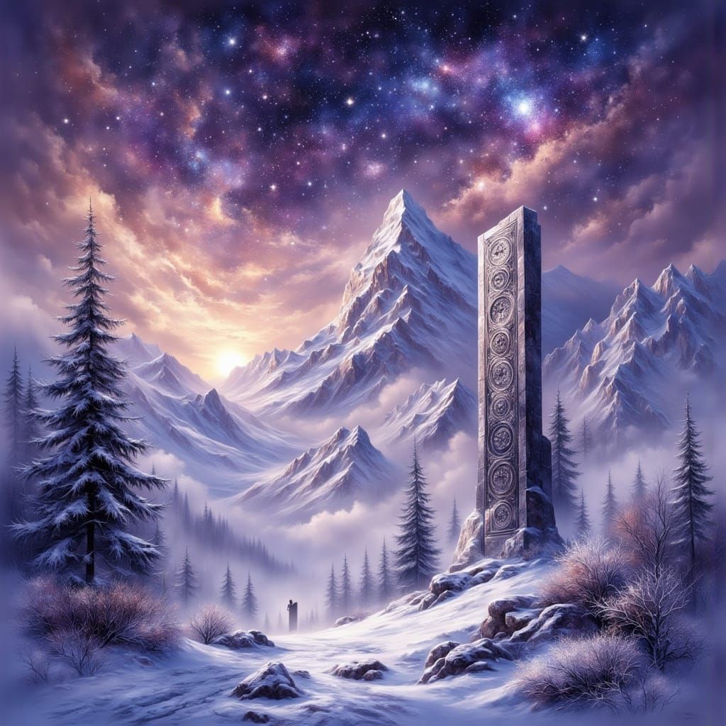 Surreal Crystal Snowfall on Alps with Ancient Monolith