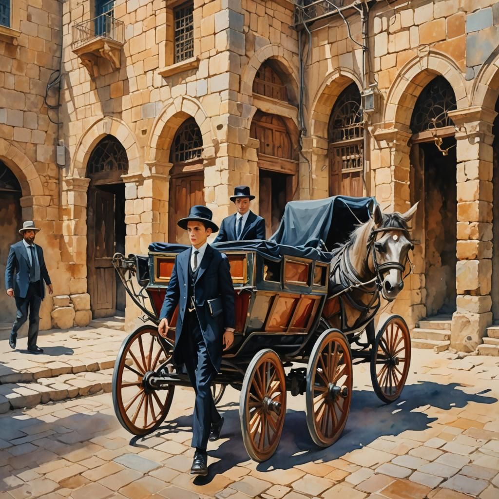 Orthodox Boy in Jerusalem Carriage, Gouache Style