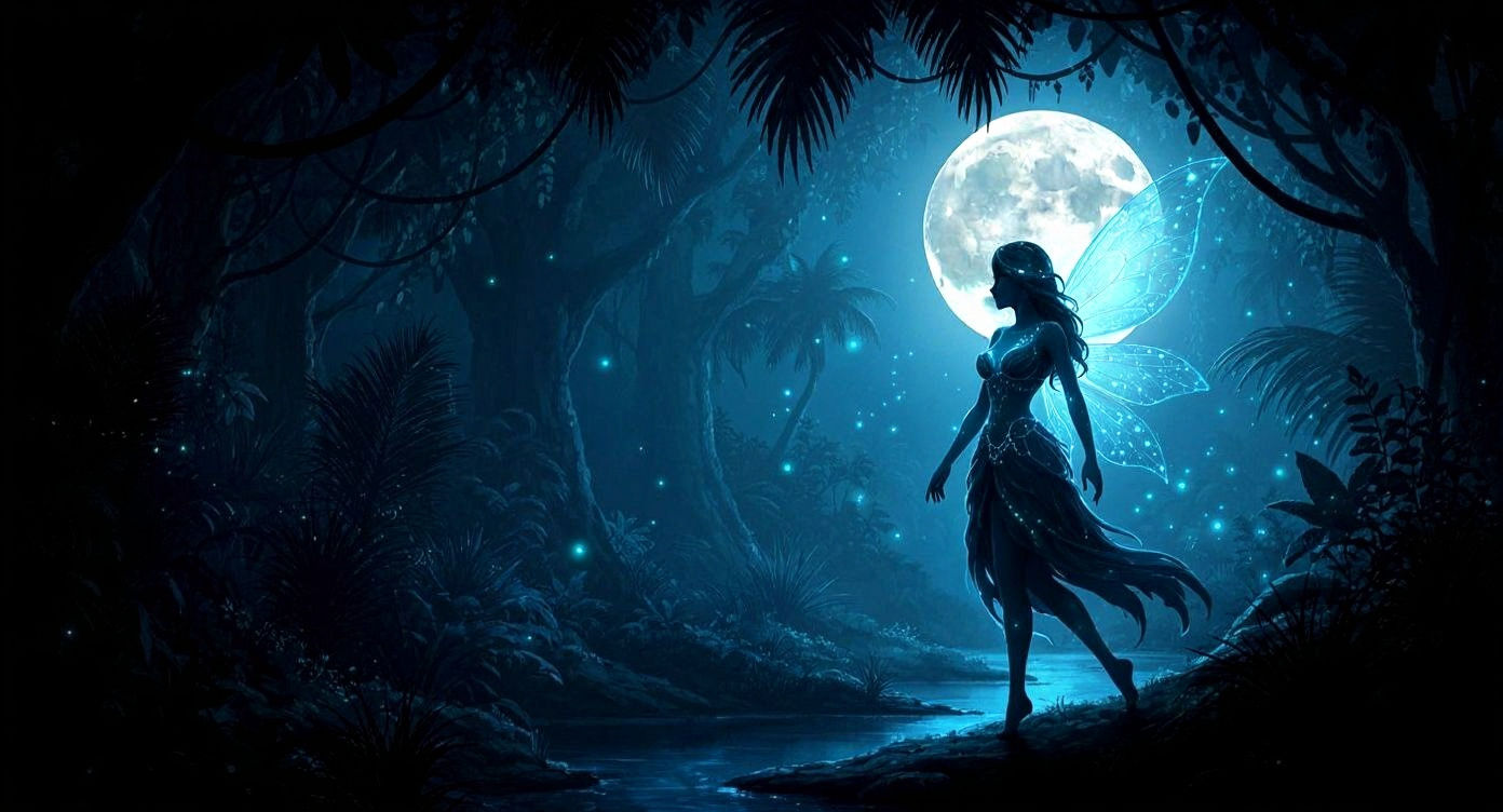 Bioluminescent Fairy Under Full Moon in Tropical Forest