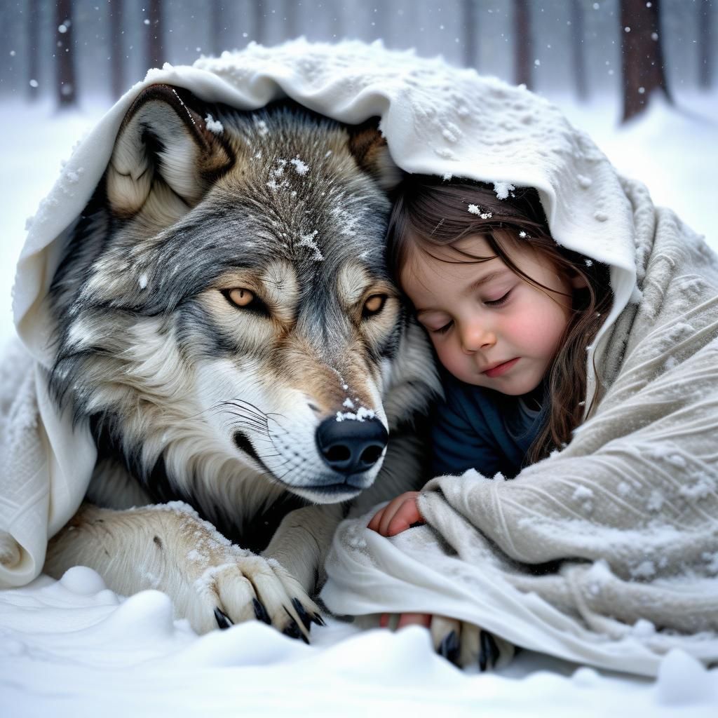 Wolf Protecting Child in Snowstorm, Photorealistic Fantasy A...