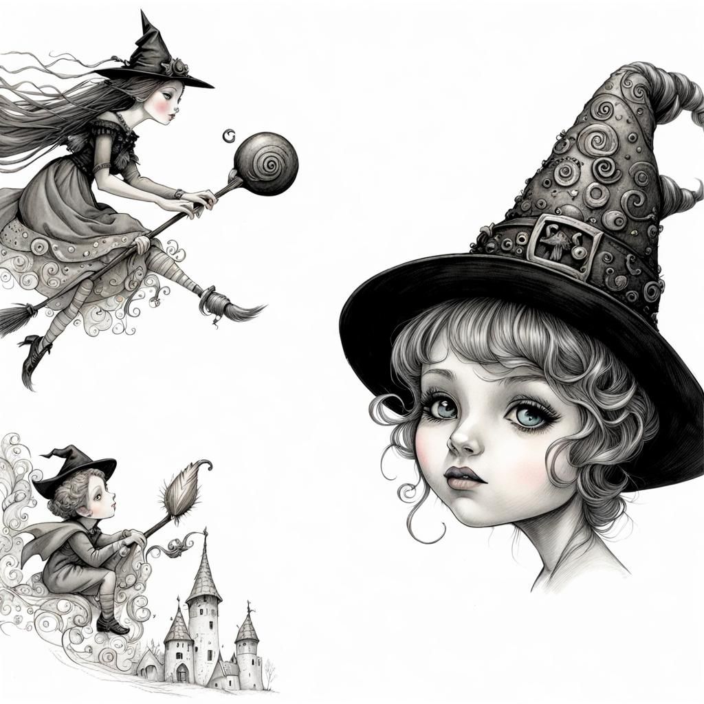 Whimsical Young Witch Illustration in Art Nouveau Style