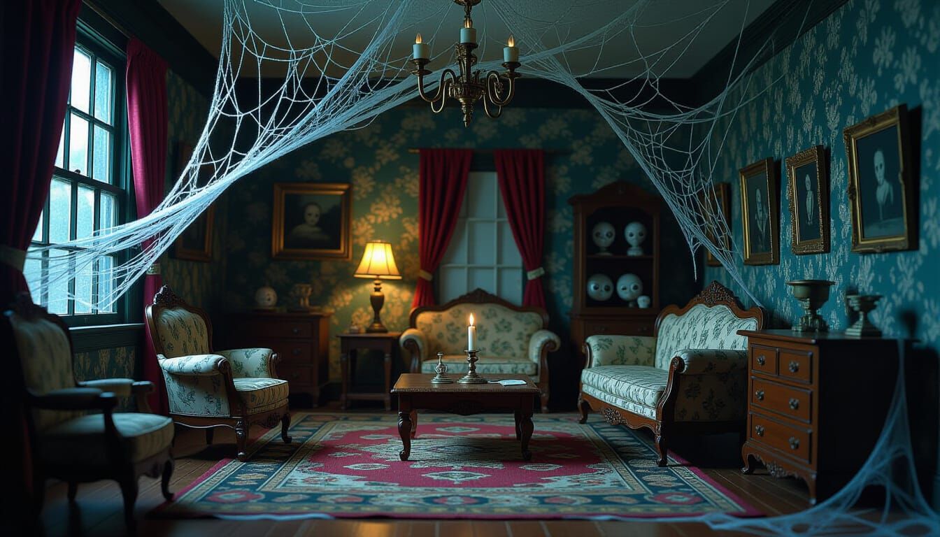 Haunted Dollhouse Interior with Eerie Spiderwebs and Candlel...