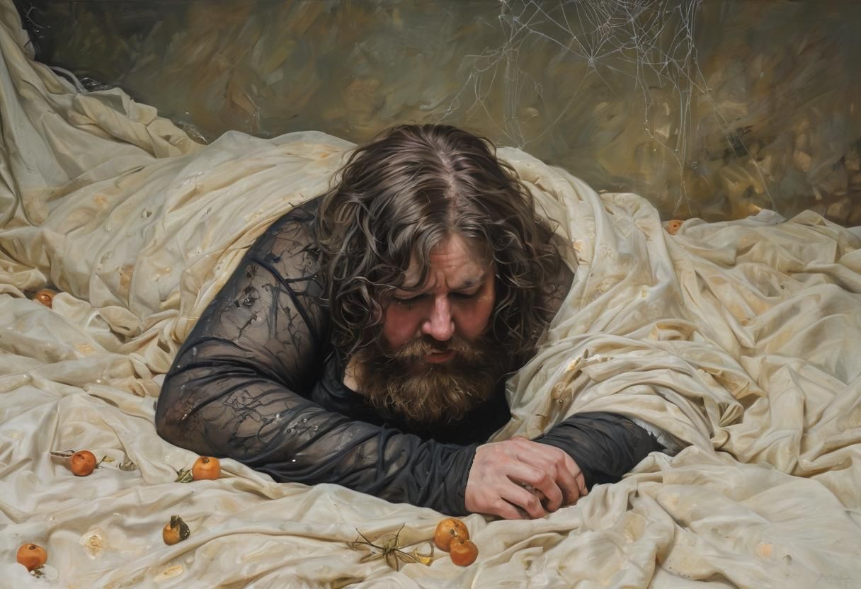 Grotesque Figure in Spiderweb Gown: An Impasto Painting