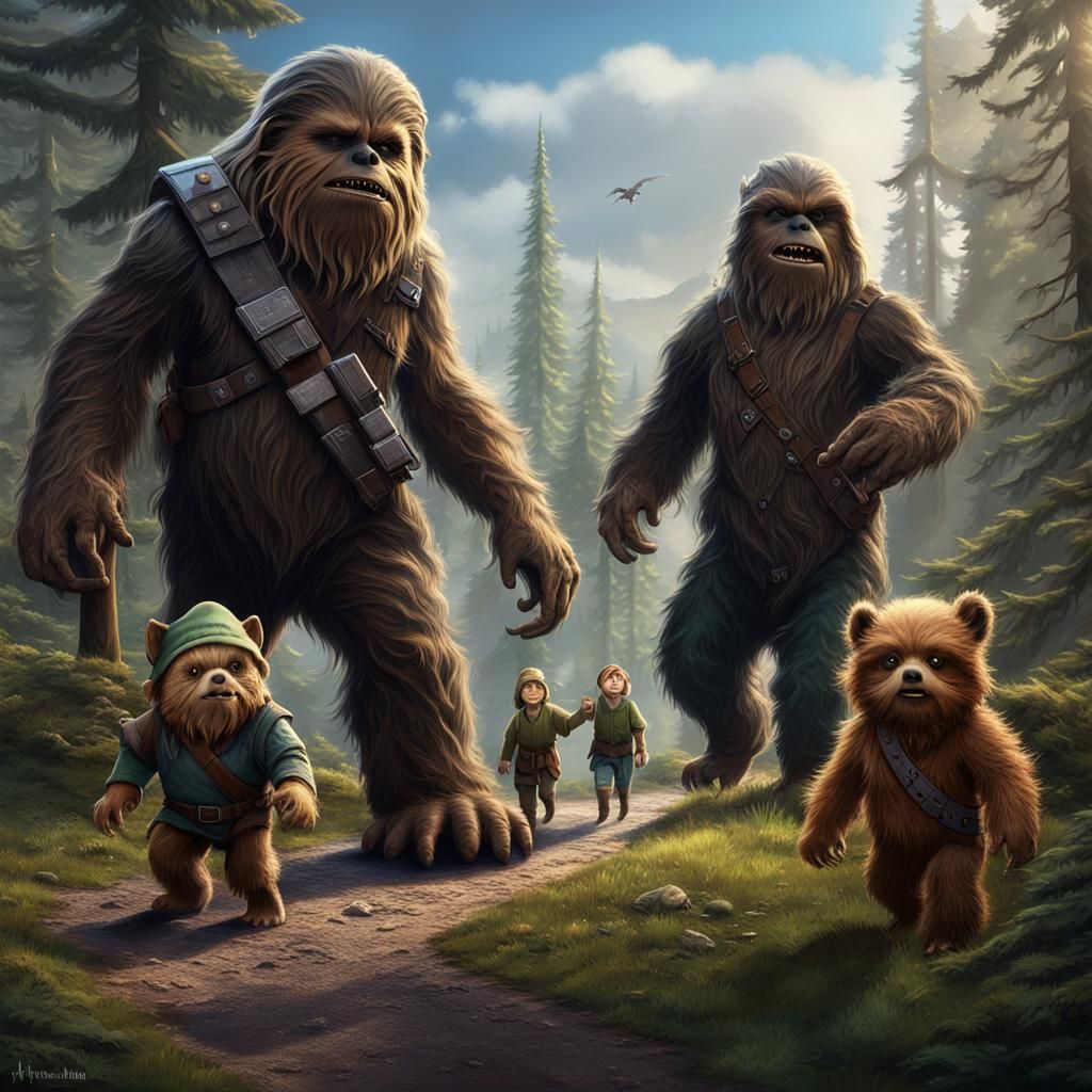 Wookie, Bigfoot, Ewok, and Elf on a Walk