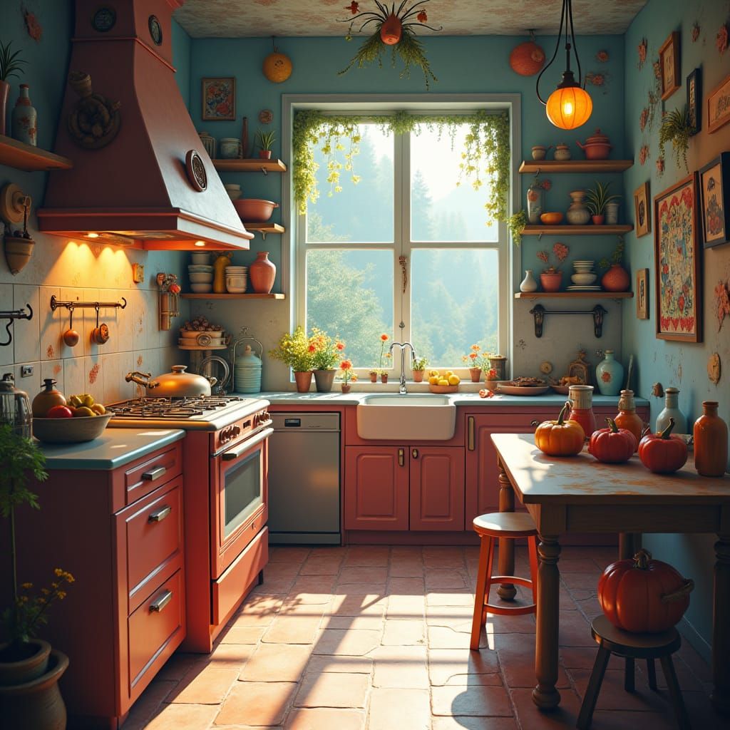 Surreal Kitchen Scene in Detailed Matte Painting Style