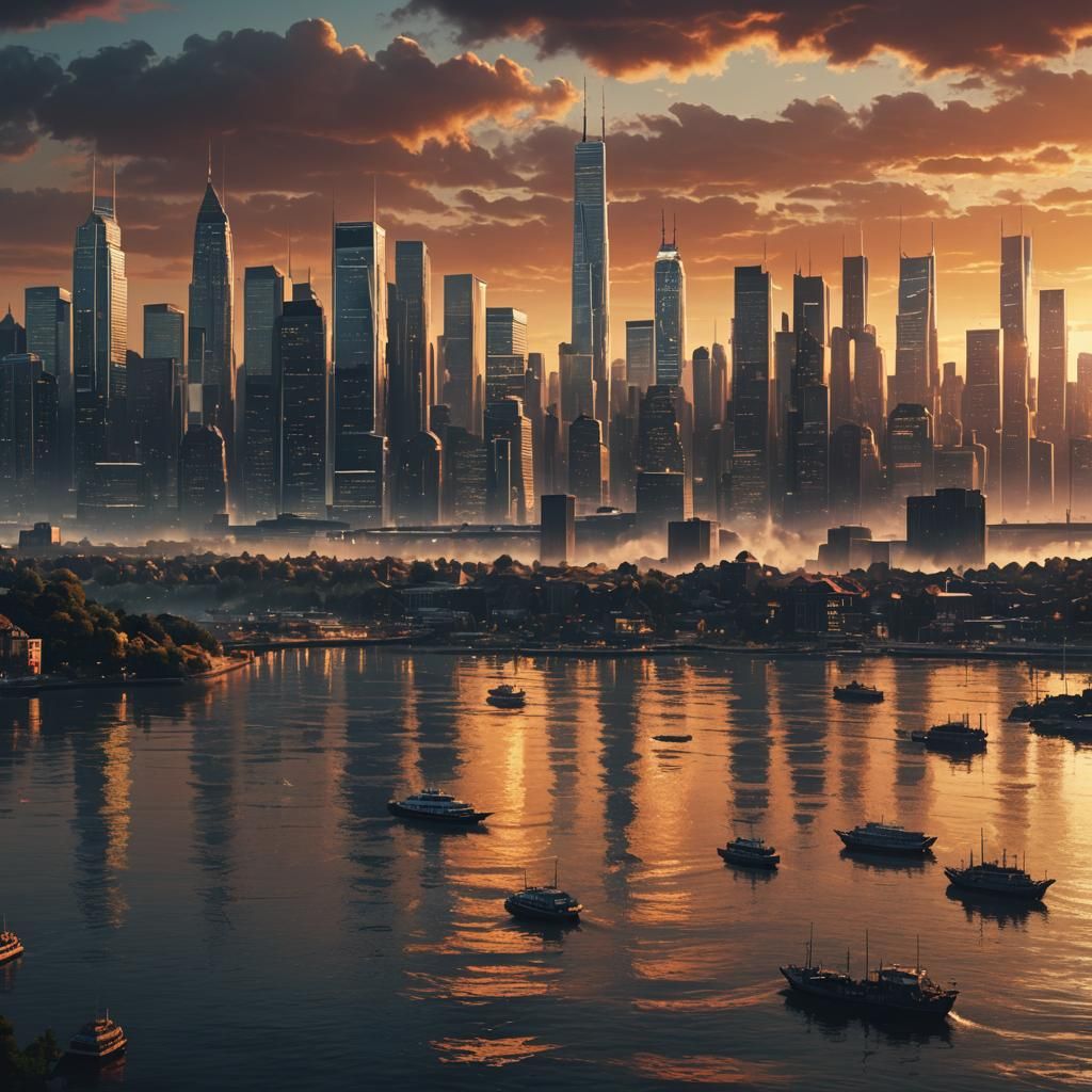Sunset Cityscape Reflected in Water: Digital Matte Painting