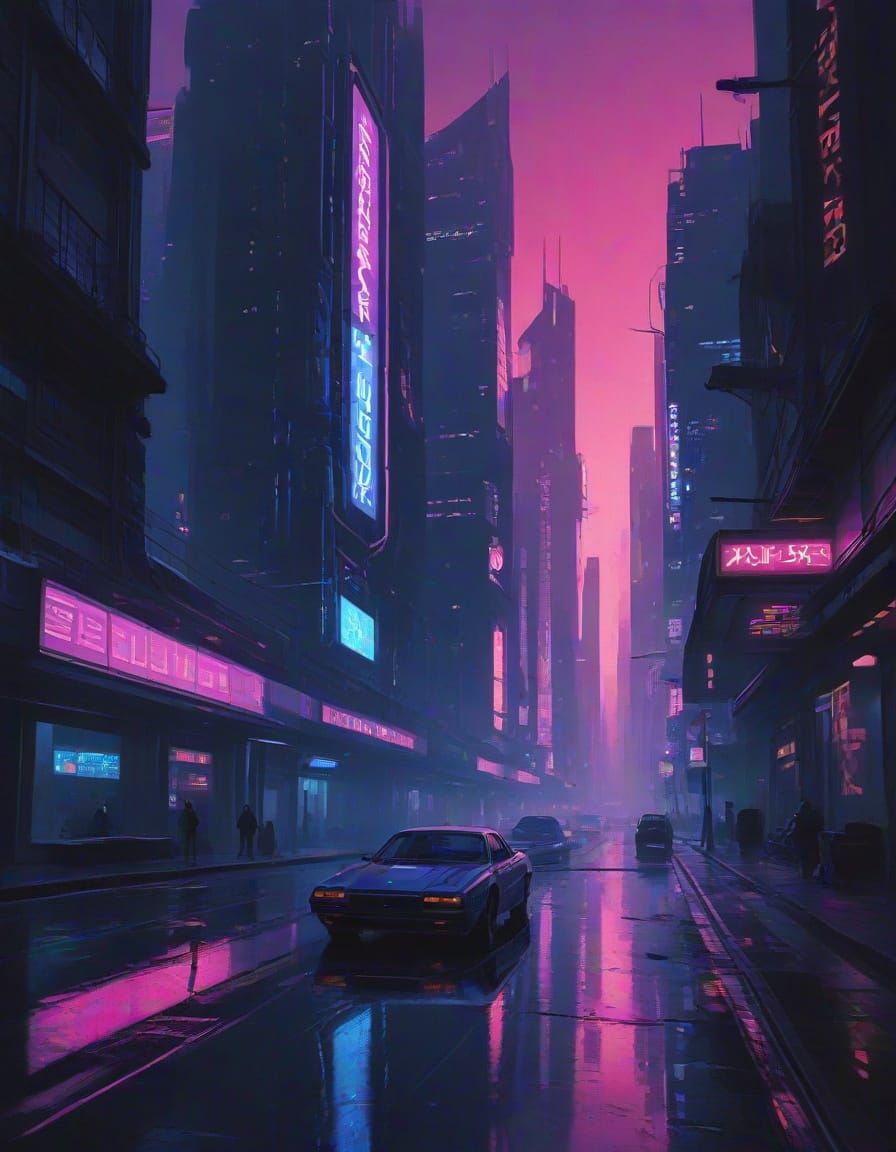 Futuristic Cityscape at Dusk with Neon Lights and Koi