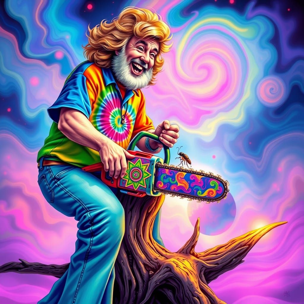 Wavy Gravy singing to an aphid while working with a chainsaw...