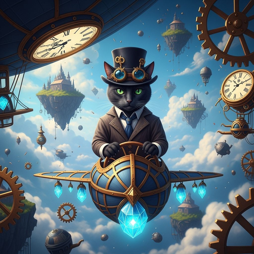 Steampunk Cat Captains Zeppelin in Hyperrealistic Style