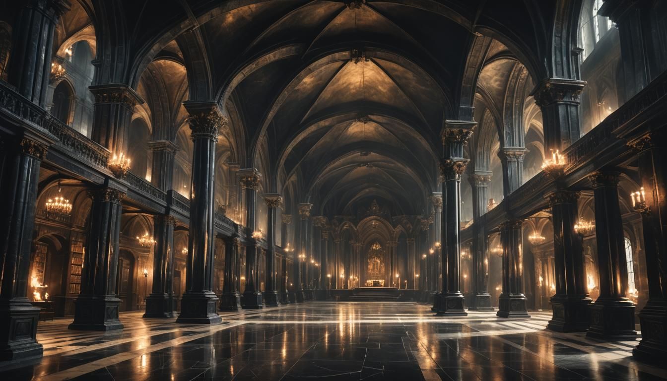 Ornate Gothic Library Hall in Mystical Oil Painting Style