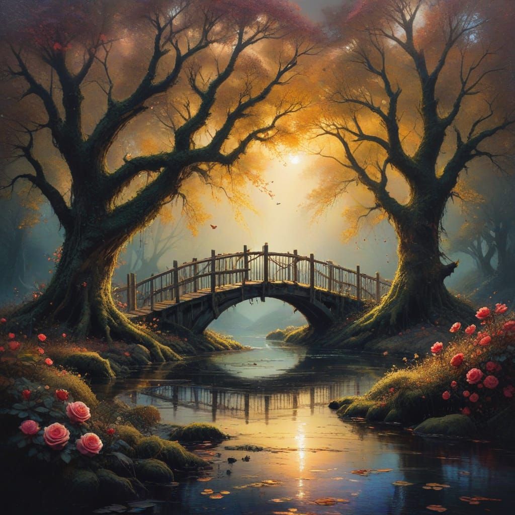 Moss-Covered Wooden Bridge in Autumn Splendor