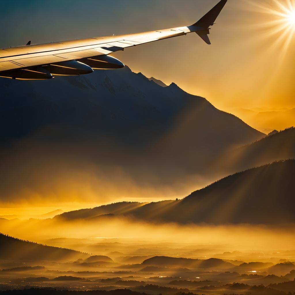 Airplane Soaring Through Golden Himalayan Sunrise