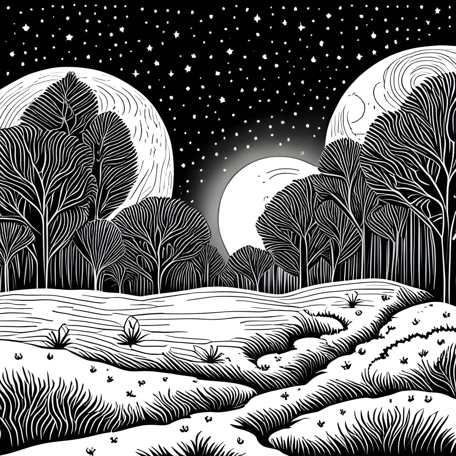 Monochrome Starry Sky Line Art Illustration