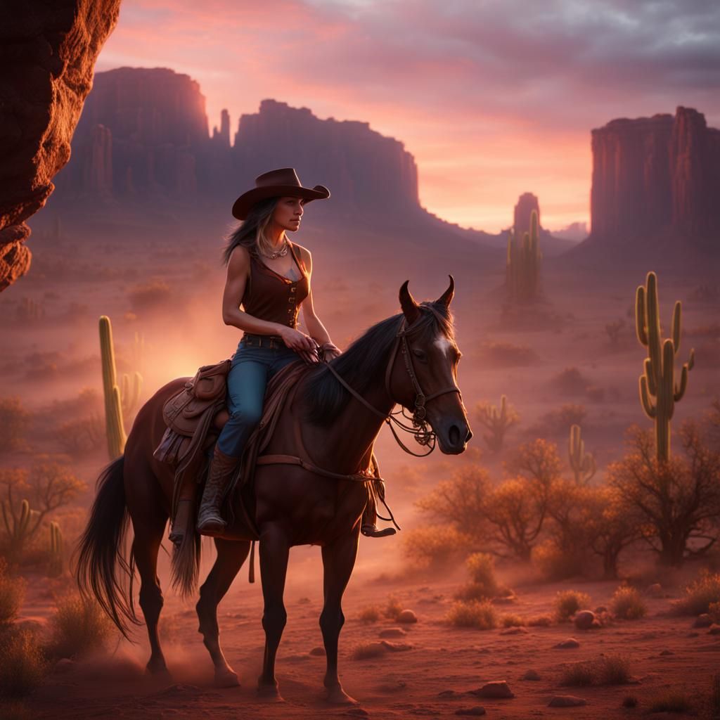 Cowgirl Rides Horse in Arizona Sunset Art