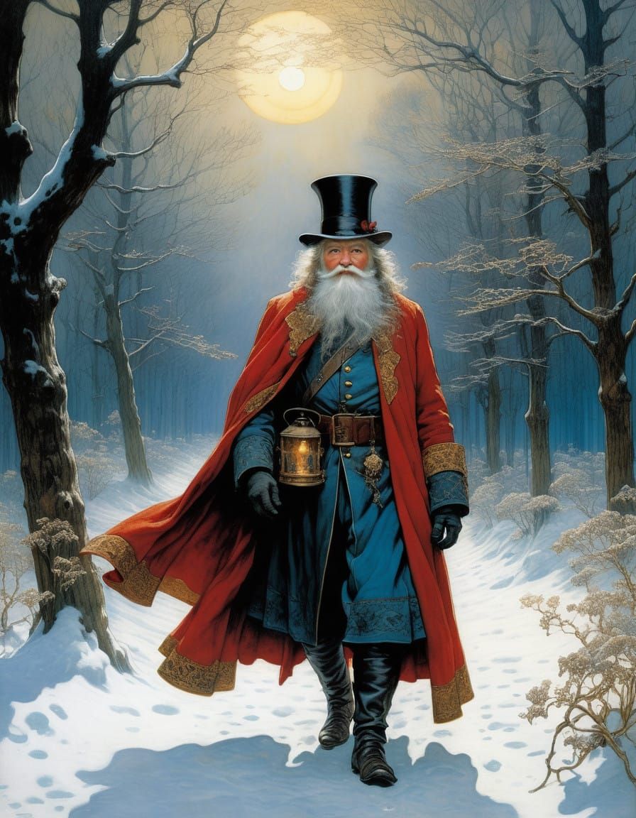 Whimsical Victorian Era Santa Claus Amidst Ethereal Winter W...