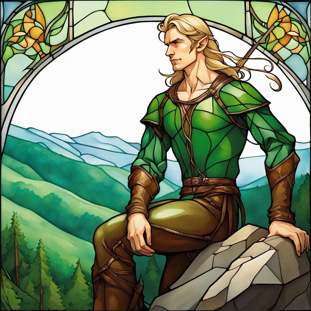 Elf Archer in Stained Glass Style