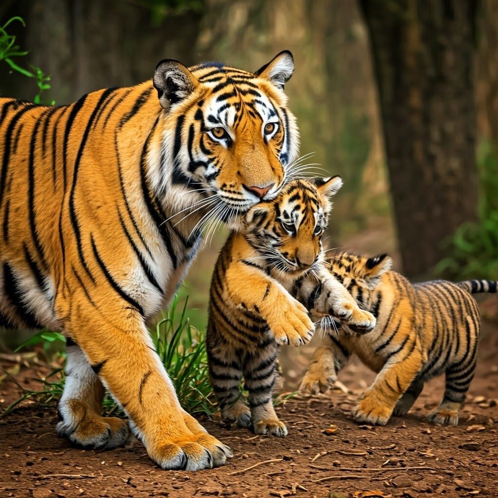 Mother Tiger Leads Her Cubs in a Dramatic Bush Scene