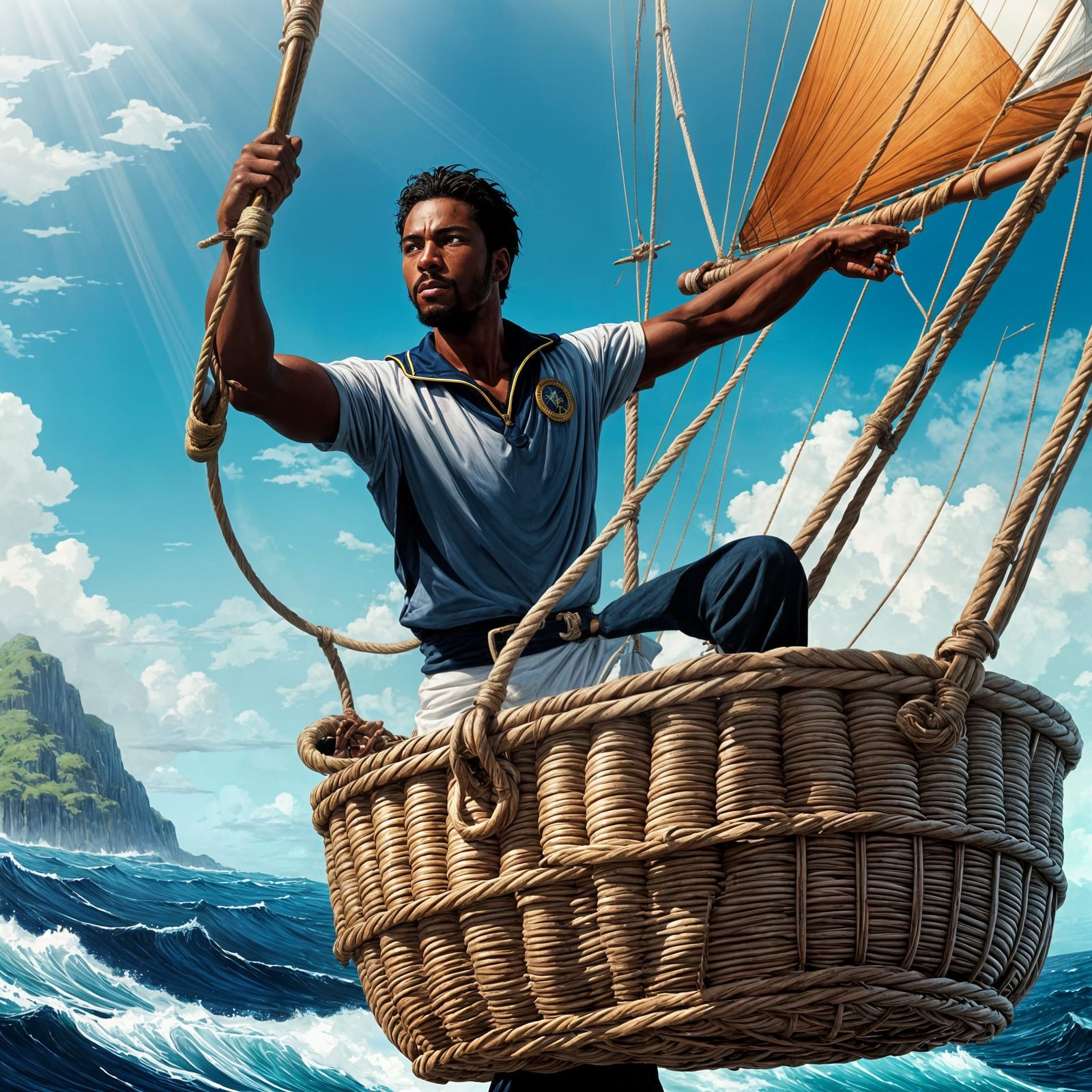 Caribbean Sailor Navigating Storm in Anime Style