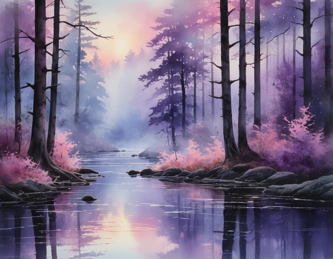 Serene Dawn Forest Scene in Watercolor Painting