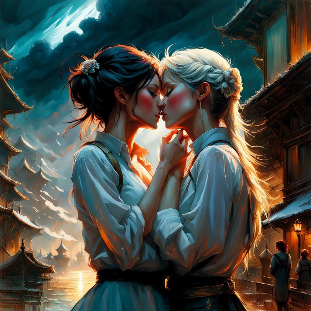 Passionate Kiss Under Stormy Sky, Oil Painting