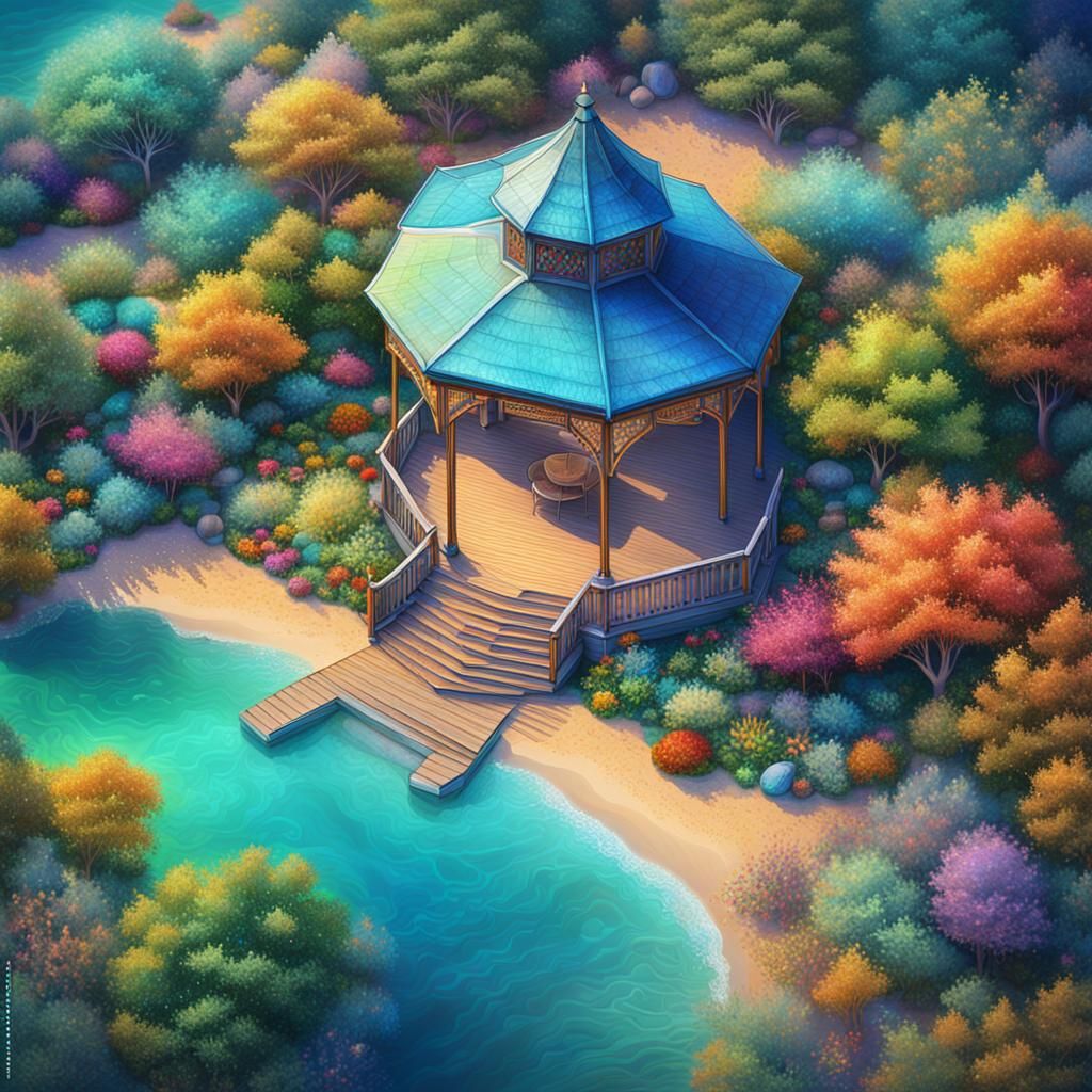 Gazebo in Colourful Garden Next to Beach in Astral Style