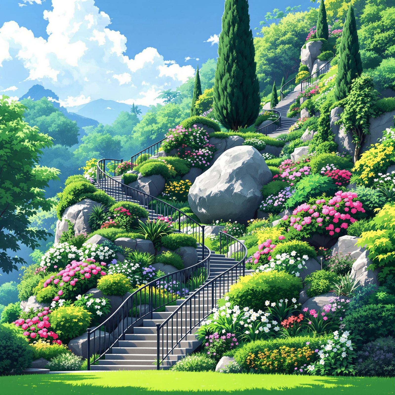 Enchanting Garden Staircase Ascends Lush Hillside in Anime S...