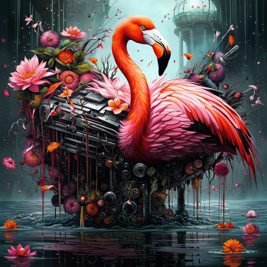 Cyberpunk Floral Flamingo in Japanese Gothic Style