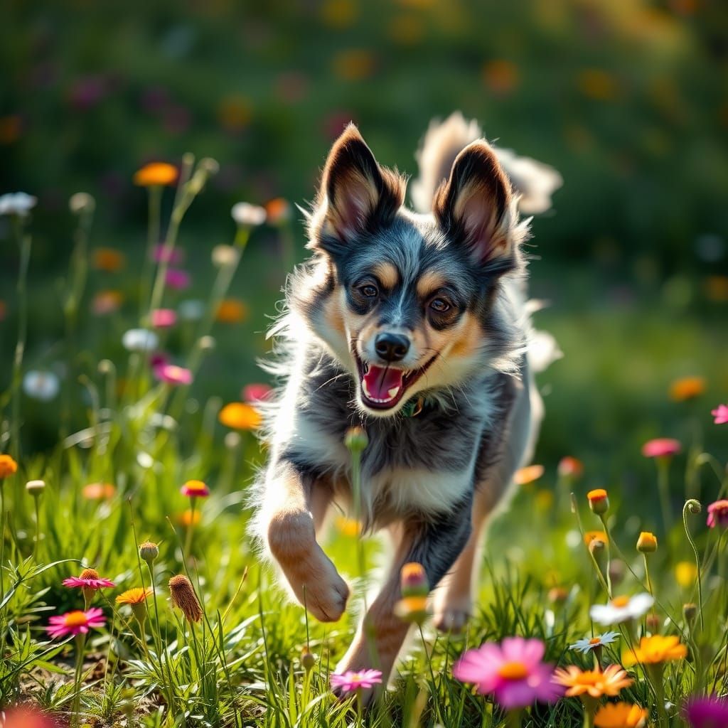 Fluffy Blue Heeler Dog Playing in Sunny Meadow