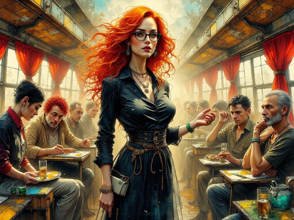 Band Manager Amidst Crisis in Hyper-Detailed Ink Style