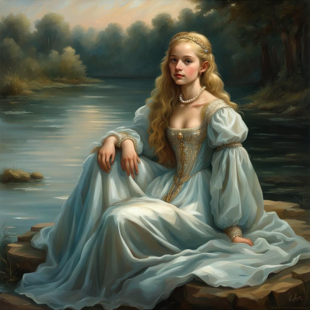 Renaissance Girl with Pearl Embroidery in Lake