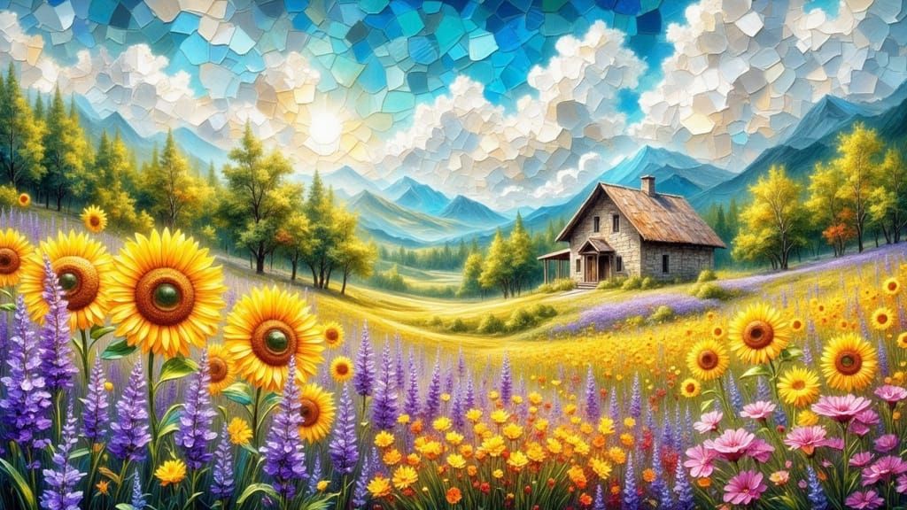 Iridescent Bubble Over Sunflower and Lavender Fields