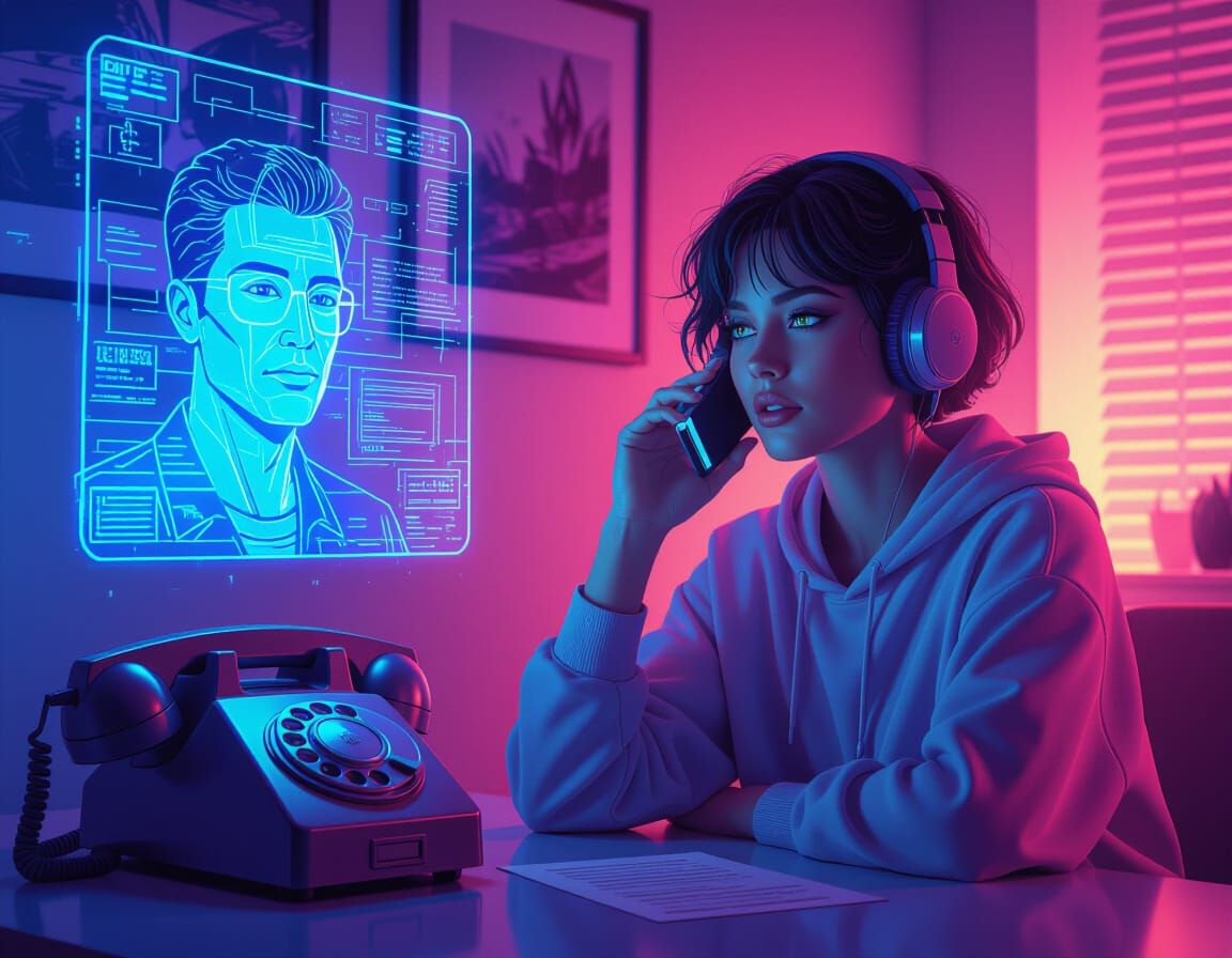 Hologram Call Meets Rotary Phone in Neon Cyberpunk Style
