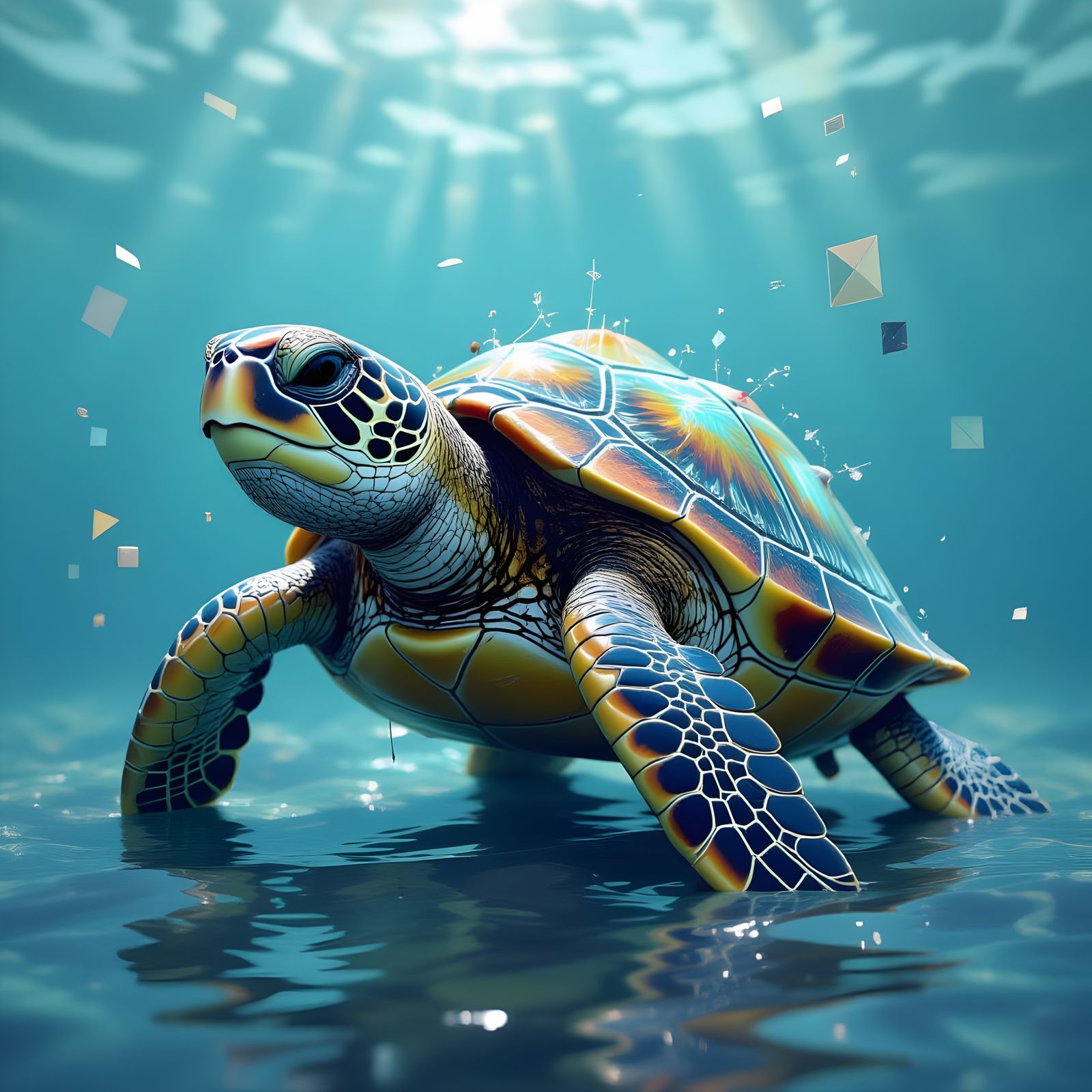 Fractured Sea Turtle Portrait in Glitch Art Style