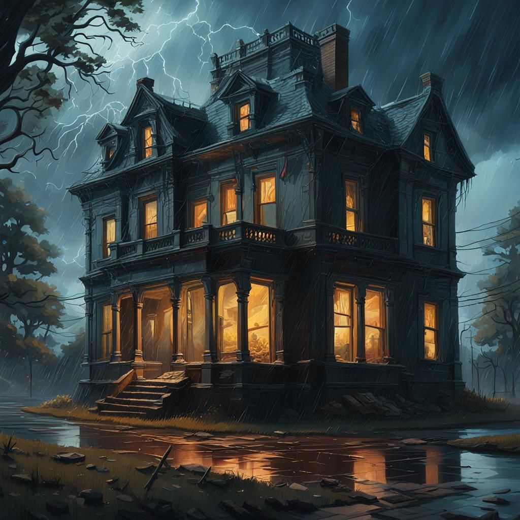 Majestic Mansion in Stormy Night: Cinematic Painting