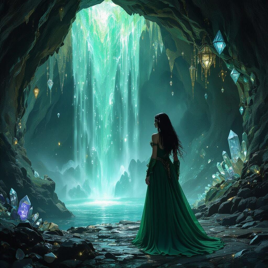 Goth Warrior in Bioluminescent Crystal Cave