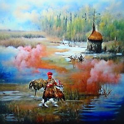 Russalka Enchanting Cossack by Swamp: Oil and Watercolor
