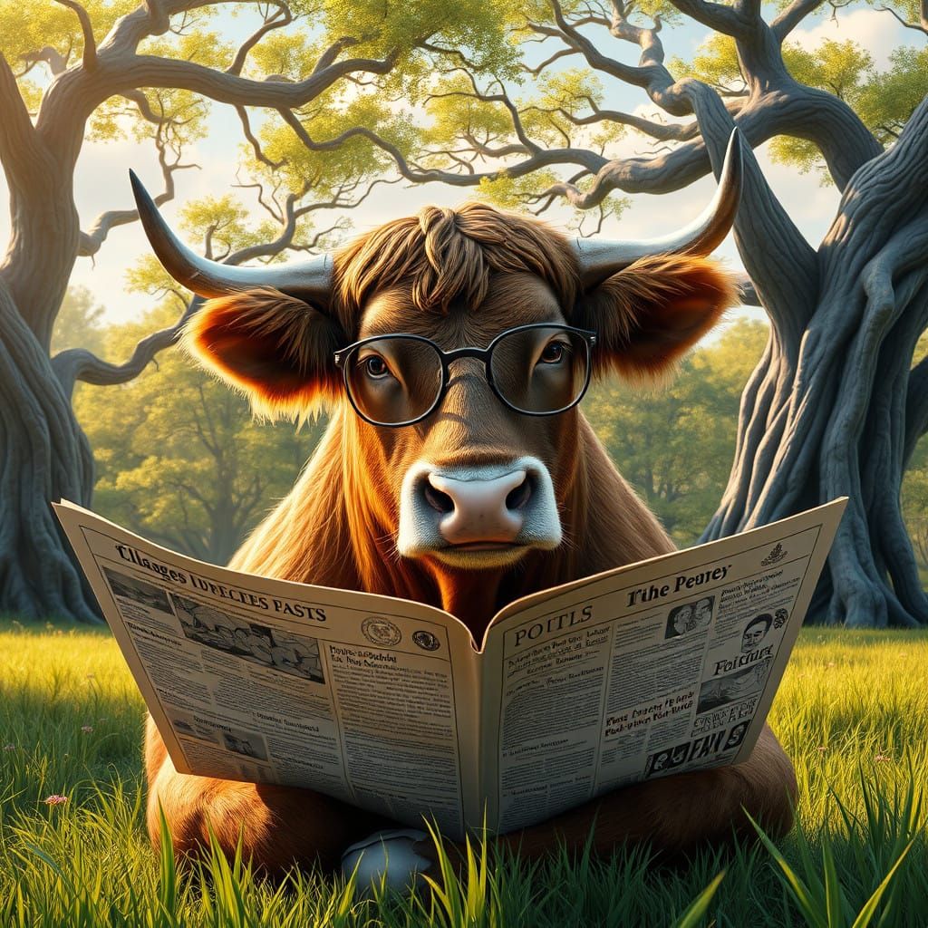 A Cow Reads the Newspaper in a Lush Meadow