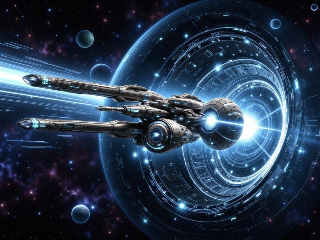 A high-tech, sleek starship about to cross through a splendid interstellar portal.