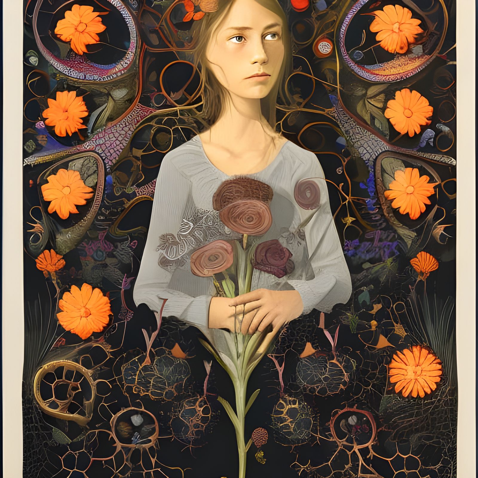 Girl with Flowers: Intricate Botanical Art