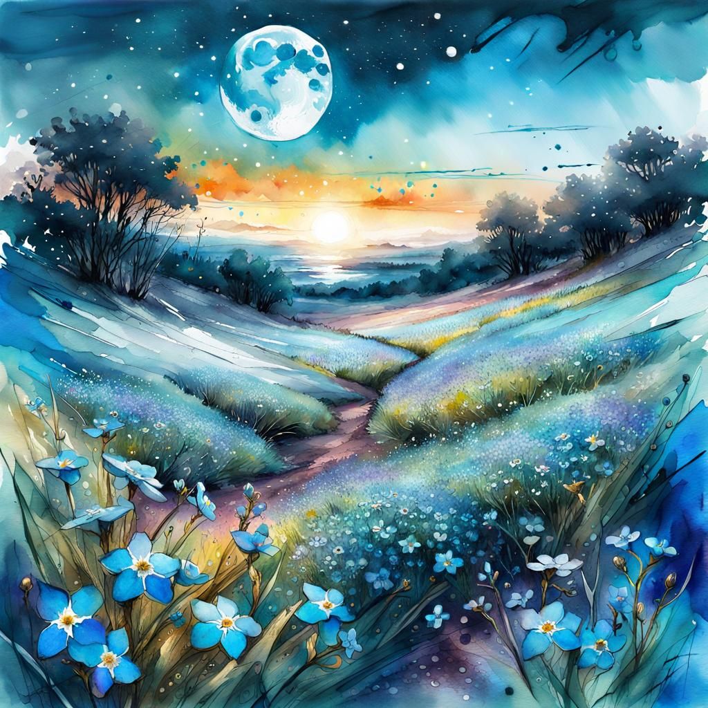 Forget-Me-Not Field: Digital Watercolor Fantasy